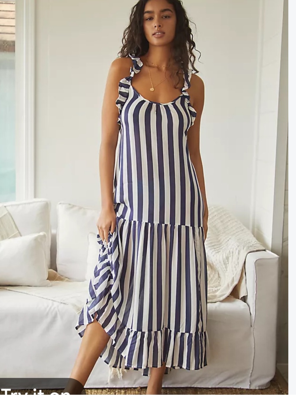 Lusana Navy White Vertical-Stripe Ruffle-Trim Smocked Midi Dress XS New Nautical